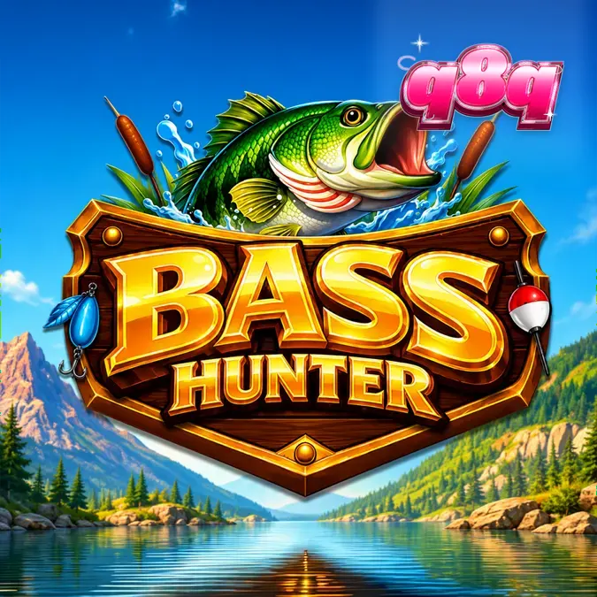 Tampilan layar permainan slot Bass Hunter dengan latar danau dan simbol ikan